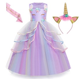Chektin Unicorn Dress for Girls Unicorn Costume Pageant Princess Party Birthday Long Maxi Gown with Unicorn Headband & Satin Sash (Purple, 110 3 Years)