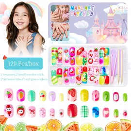 120 Pcs Press on Nails Girls Children Fake Nails Strawberry Watermelon Glue on Nails Glossy Full Cover Artificial Acrylic Short Nail Fruit Stick on Nail for Girls Kids Nail Art Decoration