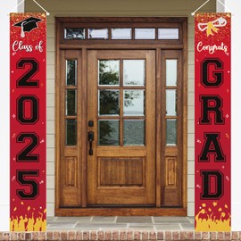 2025 Graduation Decorations - Class of 2025 Porch Banner Sign Congrats Grad Porch Banner, Graduation Party Decorations for Home/School Porch Door Sign (Red & Black)