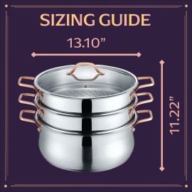 CONCORD Premium Stainless Steel 3 Tier Steamer w/Rose Gold Handles - 30 CM