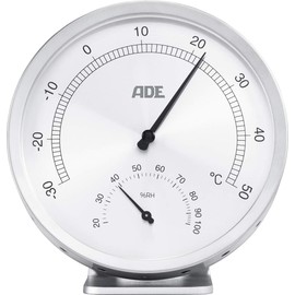 ADE WS 1813 Analogue Thermo-Hygrometer Mechanical Thermometer with Hygrometer Stainless Steel with Glass Cover 11.5 cm Diameter Silver