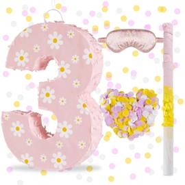 Daisy Birthday Decorations, Daisy Number 3 Piñata with Blindfold Stick Blindfold Confetti for Pink Flower Boho 3rd Birthday Party Supplies (Daisy 3)