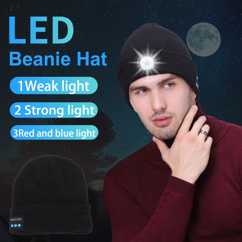 LED Beanie Hat with Headphones Wireless Black Musical Knitted Cap