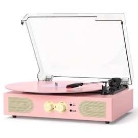 Vinyl Record Player with Built-in Speakers, Vintage 3-Speed Turntable, Bass/Treble Control, Headphone Jack, RCA/AUX Outputs, Belt-Driven LP Player, Pink