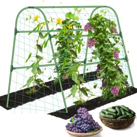 HolyMaji Cucumber Trellis for Raised Garden Bed, 49 x 47 Arch Trellis for Climbing Plants Outdoor Steel PE-Coated Detachable Garden Tunnel with Netting for Grape, Tomato, Squash, Zucchini