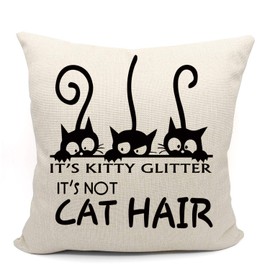 It's Not Cat Hair It's Kitty Glitter Throw Pillow Case, Cat Themed Room Decor, Children Room Decoration, 18 x 18 Inch Funny Cat Decor Linen Cushion Cover for Sofa Couch Bed, Cat Lover Gifts
