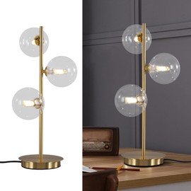 Fulesi Mid Century Globe Table Lamp, Modern 3 Lights Gold Desk Lamp, Contemporary White Glass Globe Reading Lamp for Bedroom Living Room Study Room