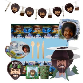 Bob Ross Party In A Box Kit - Serves 10 People - Includes Plates, Napkins, Utensils, Cups & More- Over 100 Pieces - For Bob Ross Fans, Artists, Retirement, Graduation Parties - Party Supplies