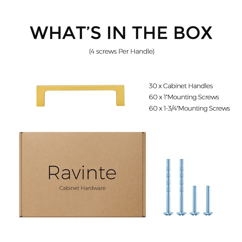 Ravinte 30 Pack Solid 4 Inch Square Cabinet Handles -