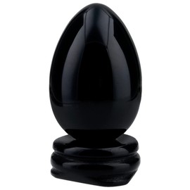 Nupuyai 1.8 inch Polished Decorative Crystal Egg with Round Stone Stand, Oval Carved Healing Stone Statue for Home Office Tabletop, Black Obsidian Crystal
