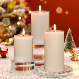 DRomance Battery Operated Flameless Candles with 6 Hour Timer 3 Pack Real Wax Vertical Stripe 3D Wick Flickering LED Pillar Candles Dinner Wedding Christmas Holiday Decor(Beige, 3" D x 5", 6", 7" H)