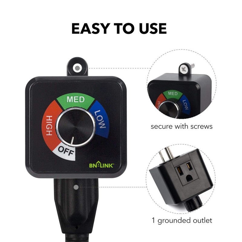 BN-LINK Variable Fan Speed Controller, Plug-in Electric 3 Speed Regulator