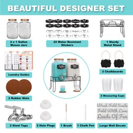 AMEY Liquid Laundry Detergent Dispenser - Two 1 Gallon Glass Laundry Containers for Soap, Fabric Softener- Decorative Laundry Room organization-22 Stickers-Stand-3 Wall Decals-Drip Mats-Spout-Chrome