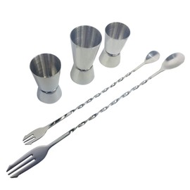Bar Tool Set 3 pcs Spirit Measuering Cups/Jiggers (20/30ml, 20/40ml 25/50ml) with 2 Cocktail Bar Spoons 23cm & 30cm