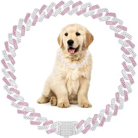 Pink Dog Necklace,Bling Dog Chain Collars Diamond Cuban Link Dog Collar Rhinestone Cat Chain Sparkly Glitter Girls Female Kitten Puppy Necklace for Small Medium Large Pet,10 Inch