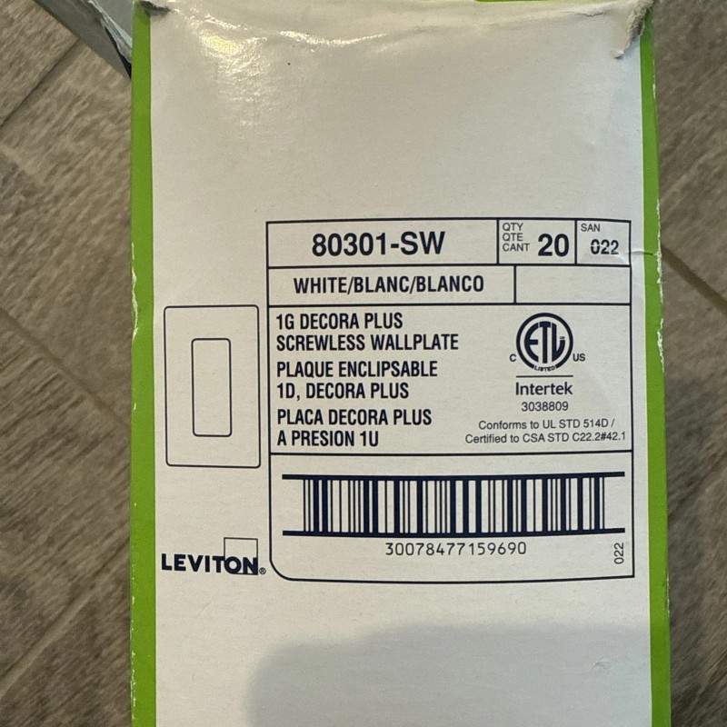 Leviton 80301-SW 1G Decora Plus Screwless Wallplate White Each