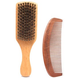 Wooden Boar Bristle Hair Brush and Comb Set, Paddle Boar Hairbrush for Smoothing Fine Thin Hair and Beard, Peach Wood Comb for Detangling, Boar Hair Beard Brush for Men, Make Hair and Beard Shiny Soft