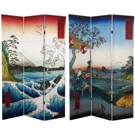 Oriental Furniture 6 ft. Tall Double Sided Hiroshige Room Divider - Sea at Satta/Teahouse
