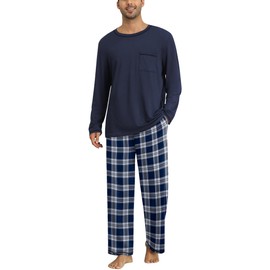Ekouaer Mens Long Sleeve Pyjamas Checked Pjs Set Crew Neck Loungewear Casual Sleepwear Winter Nightwear Blue Checked M