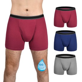 TIICHOO Mens Incontinence Underwear Washable Cotton Reusable Leakproof Boxer Briefs 3 Pack(Medium, Gray/Navy Blue/Burgundy)