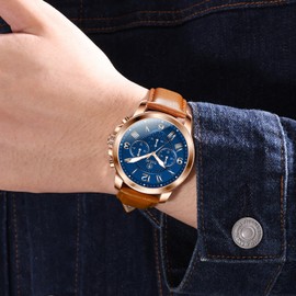 Taxau Watches for Men Brown Leather Band Mens Waterproof Watches Large Wrist Fancy Dress Men's Wrist Watches Day Date Analog Quartz Chronograph Relojes para Hombres