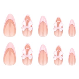 24 Pcs French Tip Press on Nails Long Almond Fake Nails with Charms Design Bow False Nails Full Cover Glue on Nails Pink French Tip Acrylic Press on Nails for Women Nail Art Decoration