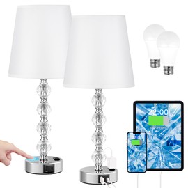 Bedside Lamps for bedrooms Set of 2 Nightstand - Large Crystal Table Lamps with USB C Charging Ports and AC Outlet, 3 Way Dimmable Touch Control Silver Bed Side Table Lamp for Living Room/Dining Room