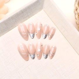 24Pcs Fake Nails Silver French Tip Press on Nails Long Stiletto Stick on Nails Silver Star Press on Nails Fake Nails Nude with Rhinestones Design Glossy Full Cover Glue on Nails for Women and Girls