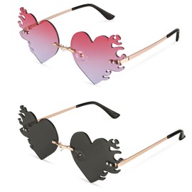AUXSOUL 2 Pairs of Women's Heart Sunglasses, Cute Prom, Novelty Heart Fire Flame Glasses, Heart-Shaped for Hippie Chic Dress Accessories, Rose Gold Frame (2 Colours), Black / pink