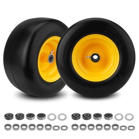 2PCS 13x6.50-6 Flat Free Tire and Wheel with 1/2" & 3/4" & 5/8" Precision Bearings and 4"-7.4" Centered Hub, Front Zero-Turn Smooth Tire Replacement for Riding Lawn Mowers Garden Tractor-Yellow