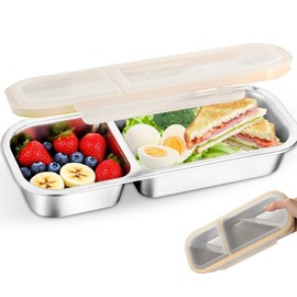 Snack Box with Compartments Stainless Steel - 2 Compartments Snack Box with Lid, Leak-Proof, Snack Plate To Go for Children, Nuts, Vegetables, Travel & Picnic