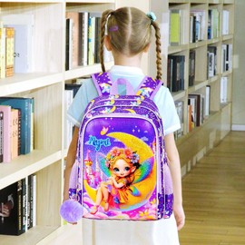 UFNDC 3PCS Backpack for Girls, 16" Kids Fairy Bookbag with Lunch Box, Water Resistant School Bag for Elementary Preschool Toddler