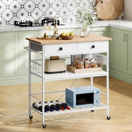 HOOBRO Kitchen Island with Storage, Rolling Island Cart for Kitchen with 2 Drawers & Outlet, 3 Tier Coffee Station and Microwave Stand, Kitchen Island Table for Home, Natural and White WN08UZD01