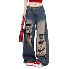 Lafaguw Baggy Jeans for Women Men Ripped Straight Leg Pants High Waisted Distressed Jeans Y2K Grunge Summer Clothes.(Blue1-XL)