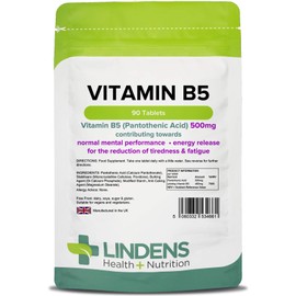 Lindens Vitamin B5 500mg Tablets - 90 Pack - 8000% Nrv Dose Contributes Towards Mental Performance, Normal Metabolism & Reduction of Tiredness - UK Manufacturer, Letterbox Friendly