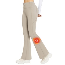 BALEAF Women's Khaki Fleece Lined Pants Water Resistant Winter Warm Flare Leggings Loose Travel Pants with Pockets Casual L