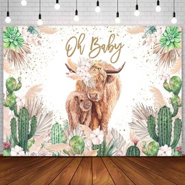 Sensfun Highland Cow Baby Shower Backdrop Oh Baby Party Decorations for Boy Girl Mexican Cactus Pampas Grass Floral Newborn Baby Shower Photography Backdground Vinyl Photo Banner 7x5ft Multi