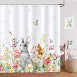 Bonhause Spring Easter Bunny Shower Curtain, Cute Rabbits Floral Plant Bathroom Decor 72 x 72 Inch Polyester Fabric Waterproof Bath Curtain with 12 Hooks
