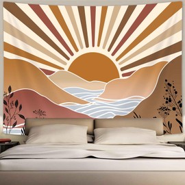 Boziqr Boho Tapestry Wall Hanging for Bedroom Aesthetic, Cute 70s Abstract Sun Mountain Tapestries for Living Room, Retro Wall Tapestry for Dorm Room Classroom Decor 80x60 Inch
