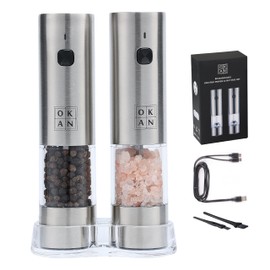 OKAN USB-C Rechargeable Salt & Pepper Grinder Set – Dual-Head Cable Charges Both Mills, One-Hand Electric Operation, Adjustable Ceramic Burr, Compact 30ml Tabletop Design