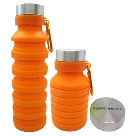 Gadgetime USA Collapsible Water Bottle (Orange) - Reusable, BPA Free, Silicone, Foldable Portable & Leak Proof - Water Bottles for Travel Gym Camping Hiking - Sports Water Bottle with Carabiner
