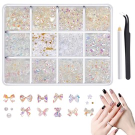 Taicols 850Pcs 3D Bow Nail Charms,Clear Colorful Nail Art Charms Bowknot Nail Art Rhinestones and Pearls with Tweezers,Nail Pens Nail Decorations Accessories for Girls,Women Party, Daily