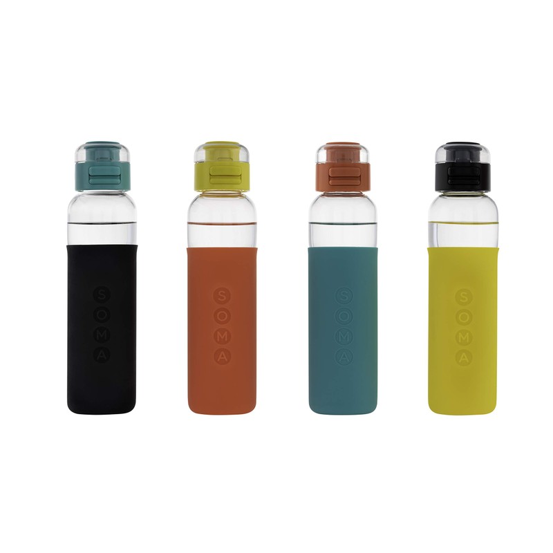 SOMA Glass Water Bottle with Silicone Sleeve, Sport Cap, 17-ounce,