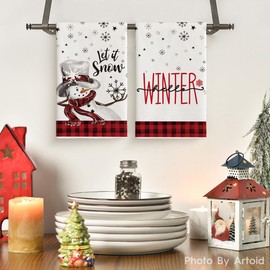 Artoid Mode Red Buffalo Plaid Snowman Winter Kitchen Towels Dish Towels, 18x26 Inch Let It Snow Daily Christmas Decoration Hand Towels Set of 2