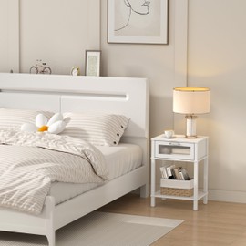 Nightstand Wooden Bedside Table with Drawer White Night Stands Modern Style Small End Table Side Table with Storage Shelf for Bedroom Living Room MLBZ10W