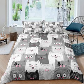 Cartoon Cat Duvet Cover for Little Girls Children Bedroom Cute Animals Printed Bedding Set 135 x 200 cm Modern Fashion Pet Bed Linen Kitten Beautiful Fat Face Bedding Decor