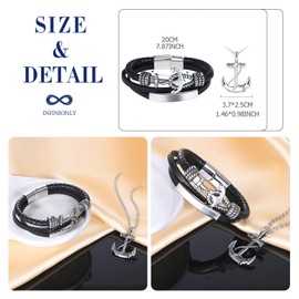 INFINIONLY Men's Stainless Steel Anchor Necklaces and Bracelets Jewellery Sets Fashion Chains with Anchor Pendant Classic Multilayer Braided Leather Bracelet with Anchor and Stainless Steel Clasp