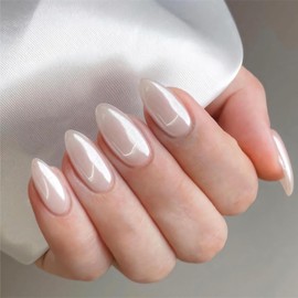 Chrome White False Nails Almond, SXVME Chrome Press On Nails Medium, Glazed Gel Fake Nails Press on, Glitter Shine Glue on Nails Medium Cute, Acrylic Stick on Nails for Women Daily & Party Wear