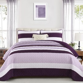 Dinjoy Purple Boho Quilt Set Queen,Striped Bedspreads Queen Size Lightweight Farmhouse Quilts 3 Pieces Patchwork Bedding Sets Coverlet Bed Set with 2 Pillowcases for Spring Summer