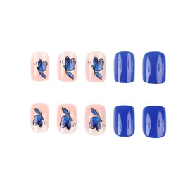 24PCS Butterfly Press on Nails Short Square Fake Nails with Design Blue Glue on Nails Glossy Spring Nails Reusable Summer False Nails Acrylic Nails Press Ons for Women Girls Daily Wear Manicure